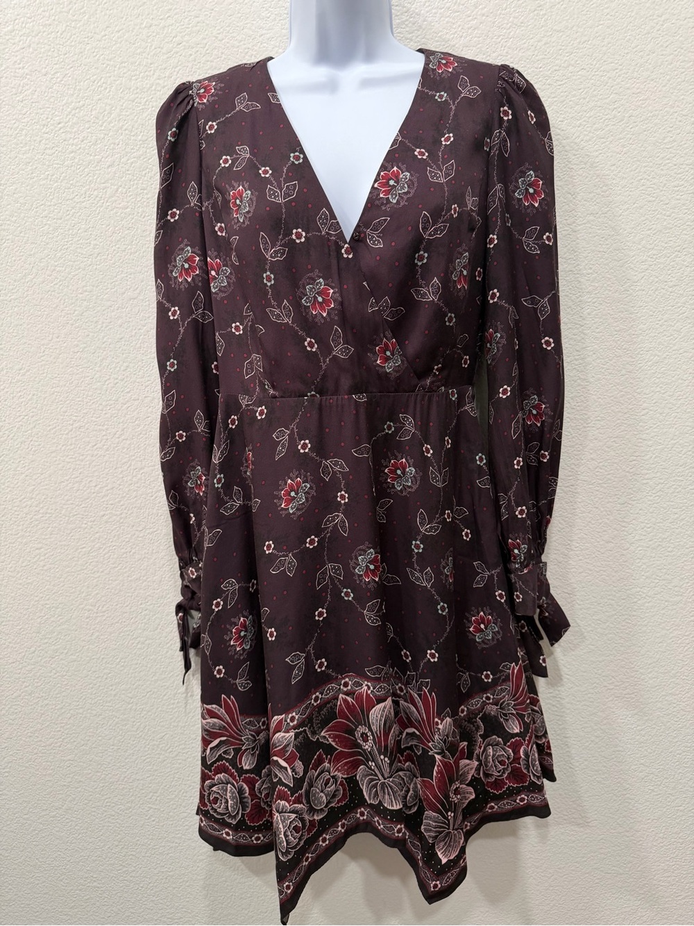 REBECCA TAYLOR - Burgundy Floral V-Neck Long Sleeve Dress$49